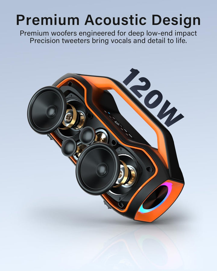Bluetooth Lautsprecher Tragbare Musikbox,120W Peak Spitzenleistung, Bass Boost 2 * Subwoofer IP65 Wa