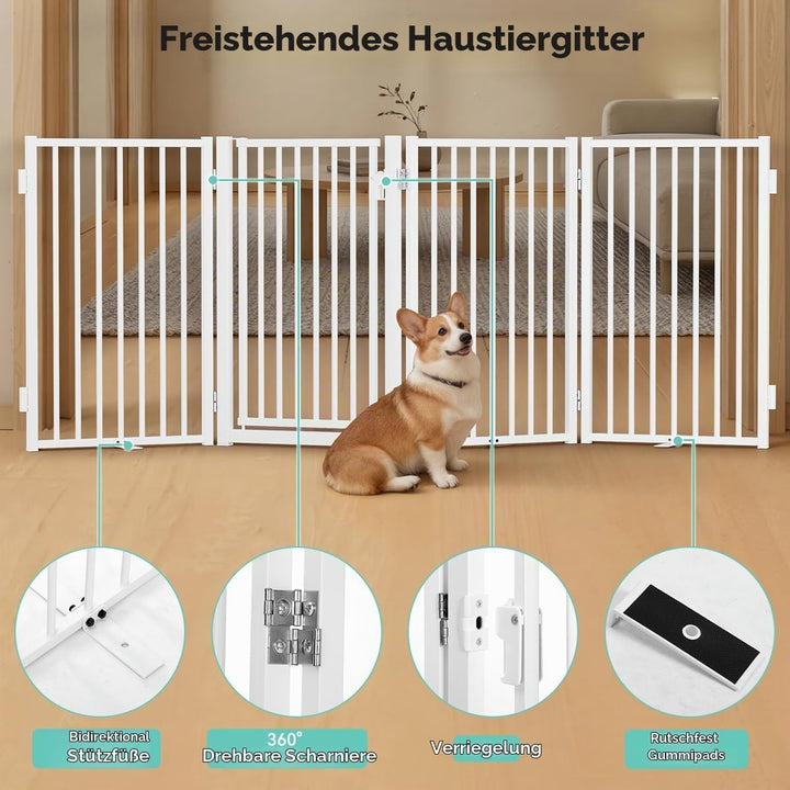 COMOMY Metall Hundegitter Freistehend mit Tür, 203cm Extra Breit Absperrgitter Hund Wohnung, 81cm Ho