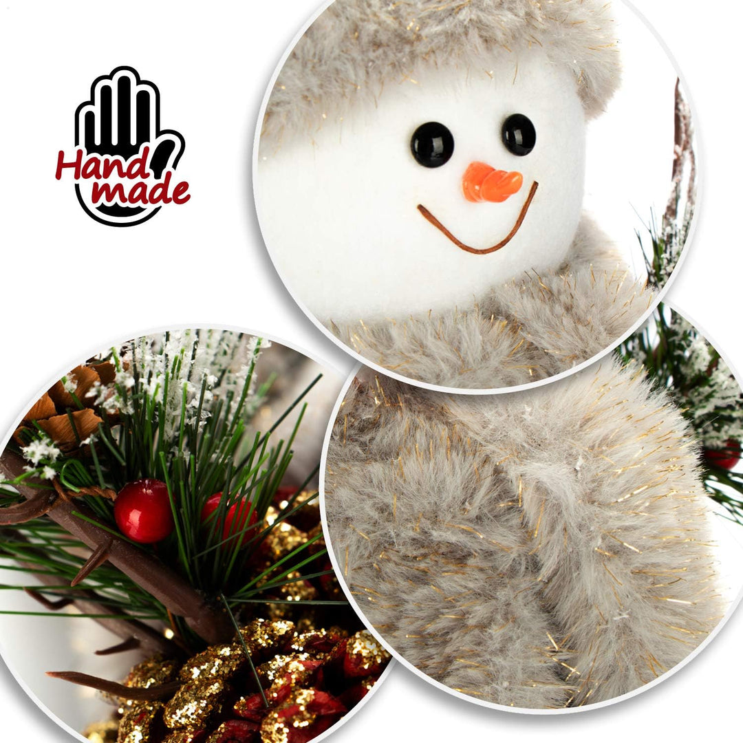 COM-FOUR® Schneemannfigur Grösse L Premium, winterliche Dekofigur mit Tannenzapfenkörper, Handmade l