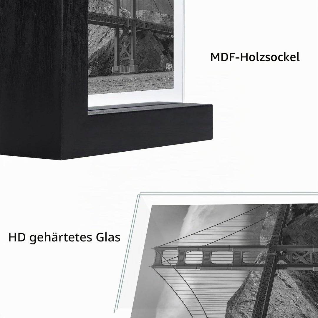 RLAVBL 2er Set Schwarze Bilderrahmen 10x15 cm, Doppelseitiger Glasbilderrahmen mit L-förmigem MDF-So