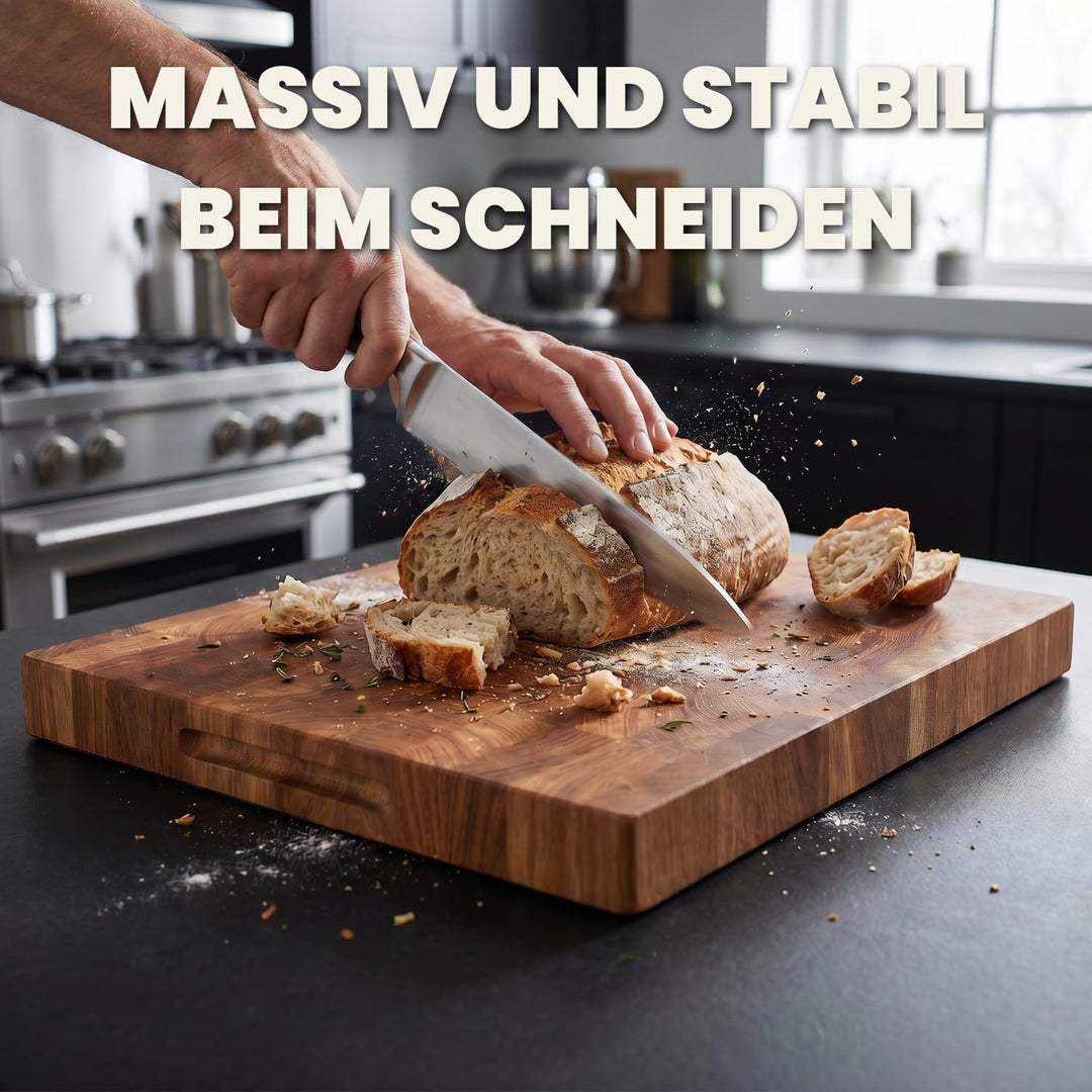 Premium Stirnholz Schneidebrett Eiche 50 x 30 x 4 cm schont die Messerklingen und sorgt für maximale