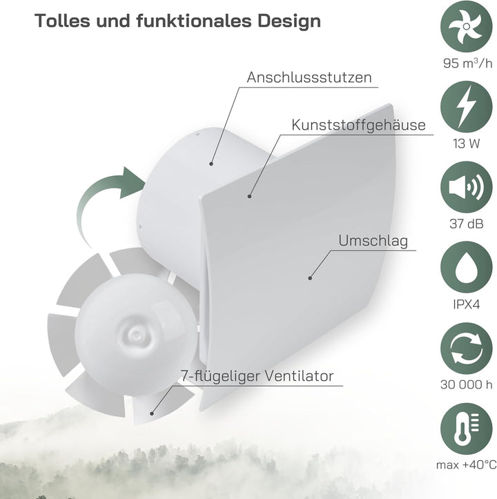 Vent Systems Badlüfter 100mm Weiss Wasserdicht Badventilator mit Lichtschalter-Aktivierung - IPX4 37