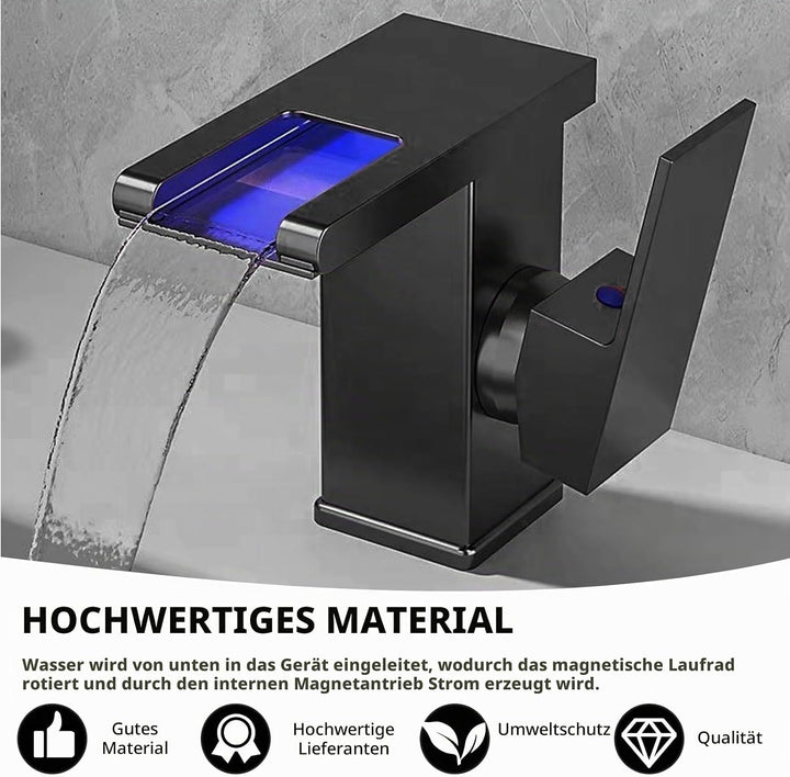 LED Lichter Bad Wasserhahn Schwarz, Wasserfall Armatur, 3 Farbe Waschbeckenarmatur, Warm- und Kaltwa