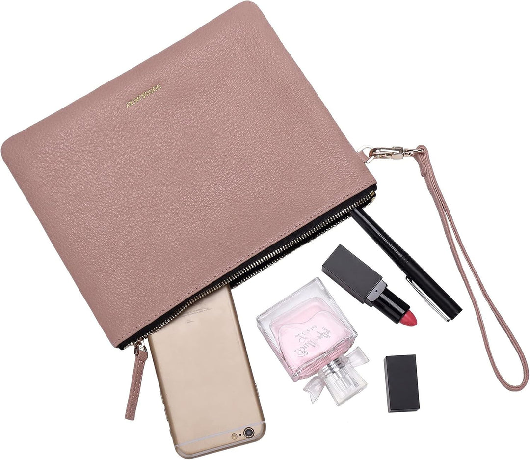 Doris&Jacky Damen Echtes Leder Clutch Schaffell Geldbörse Abendtasche mit Handschlaufe Pink-ziegenfe