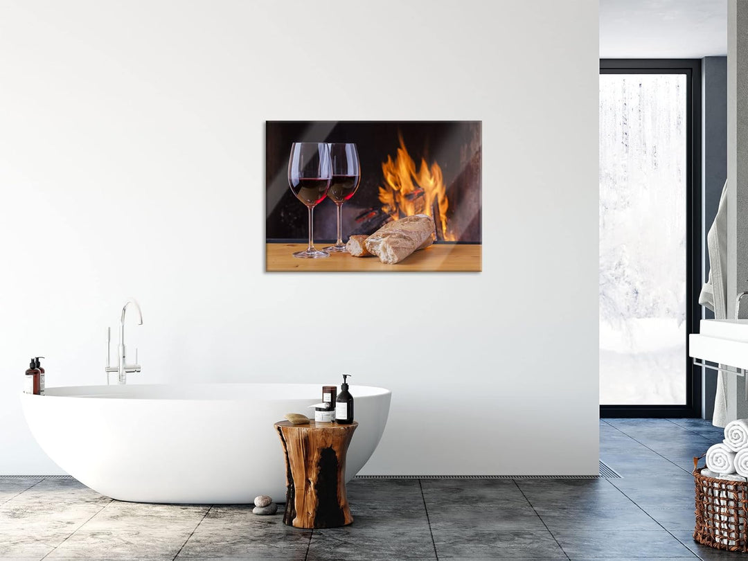 Pixxprint Glasbild | Wandbild aus Echtglas | Zwei Gläser Wein mit Baguette | 80x60 cm | inkl. Aufhän