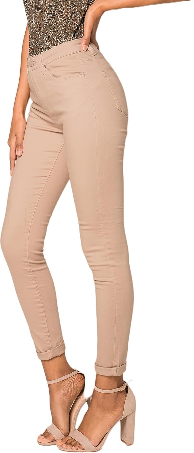 Nina Carter P109 Damen Skinny Fit Jeans High Waist Slim Hose Figurbetonte Stretch Jeanshose M Taupe