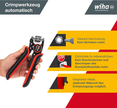 Wiha Profi Quetschzange Crimpzange mit 360° drehbarem Crimpkopf I Vierkant Vercrimpung I autom. Anpa