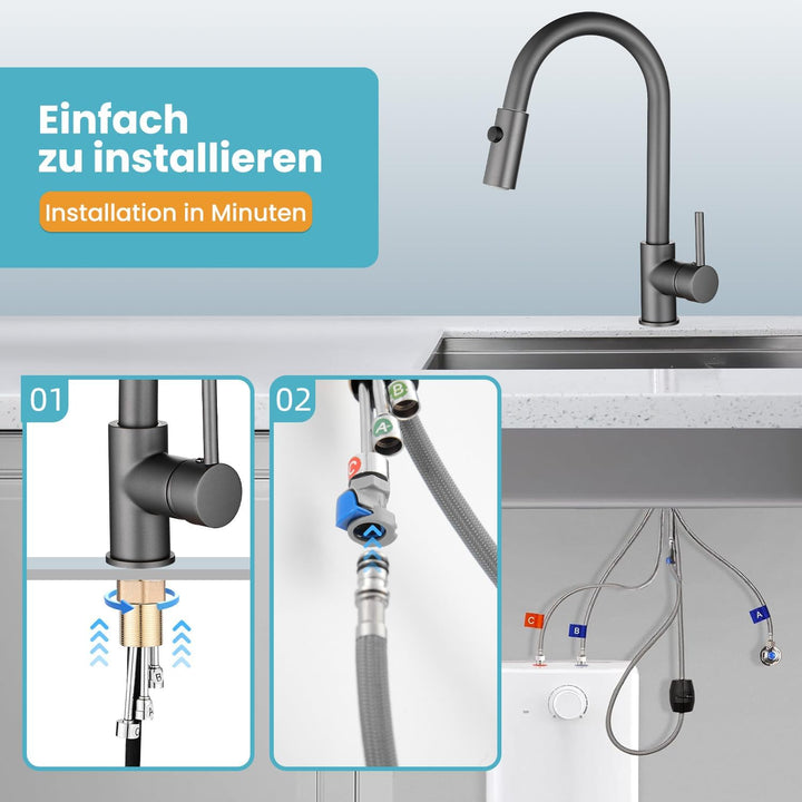 Niederdruck Armatur Küche Ausziehbar Anthrazit,360° Drehbare Küchenarmatur,Wasserhahn mit 3 Anschlue