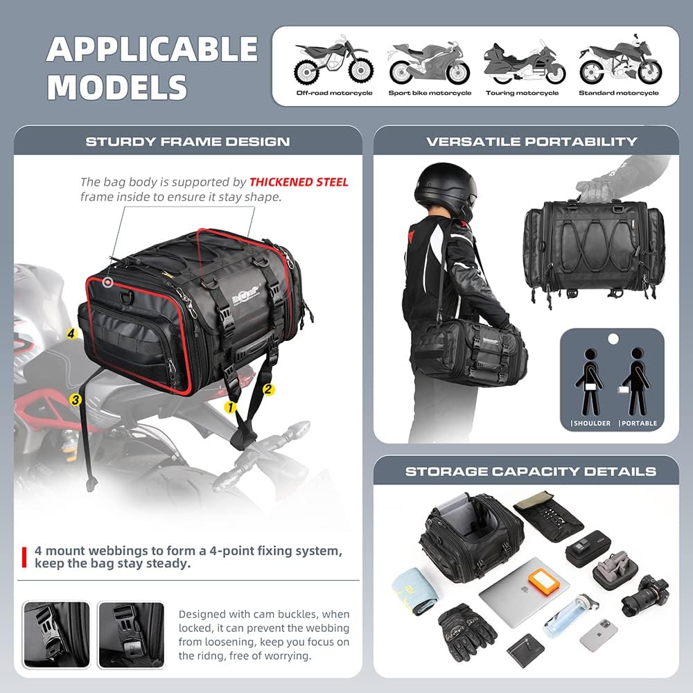 Rhinowalk Motorrad Hecktasche, wasserdichte Allwetter-/Kofferraum-/Gepäcktasche mit Sissy-Bar-Gurt,1