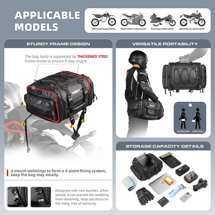 Rhinowalk Motorrad Hecktasche, wasserdichte Allwetter-/Kofferraum-/Gepäcktasche mit Sissy-Bar-Gurt,1