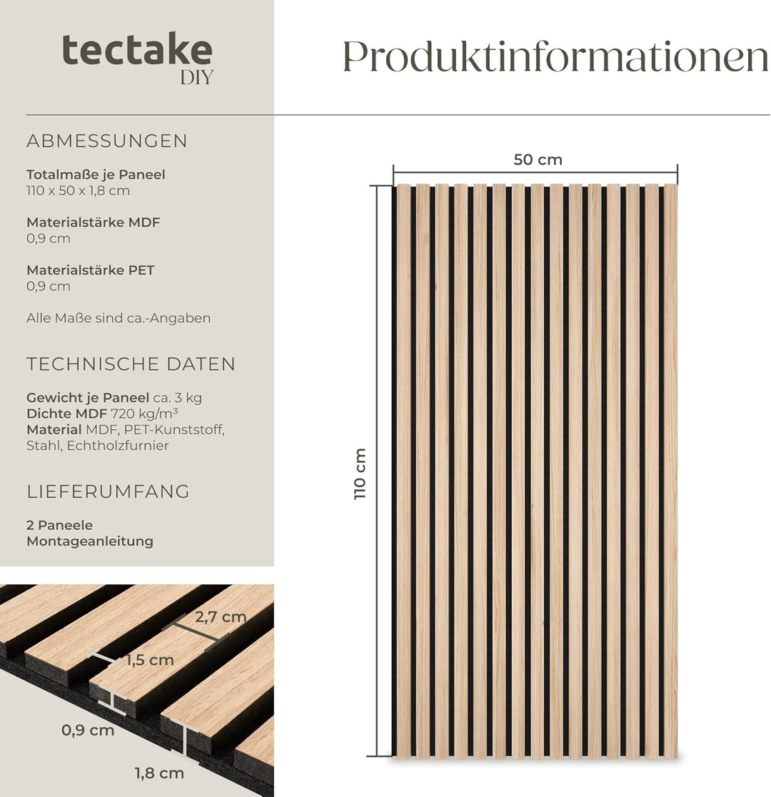 tectake® Akustikpaneele Echtholzfurnier 2er Set, effektiver Schallschutz, MDF Holzlamellen, Schalldä