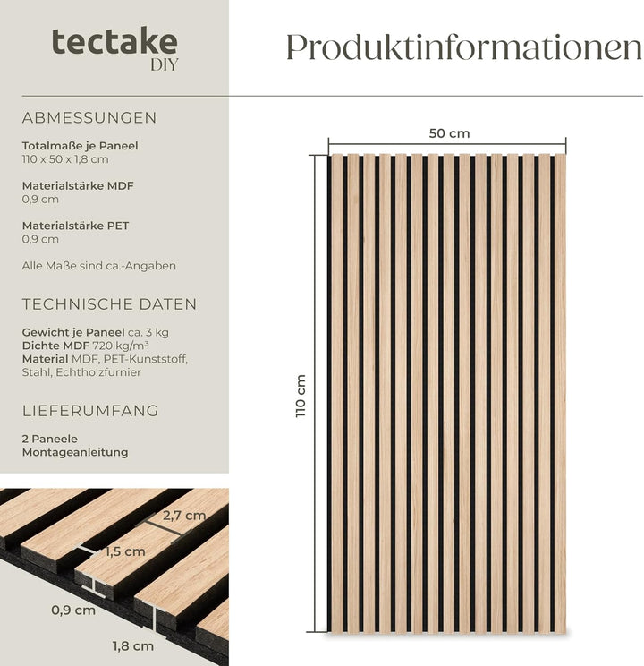 tectake® Akustikpaneele Echtholzfurnier 2er Set, effektiver Schallschutz, MDF Holzlamellen, Schalldä