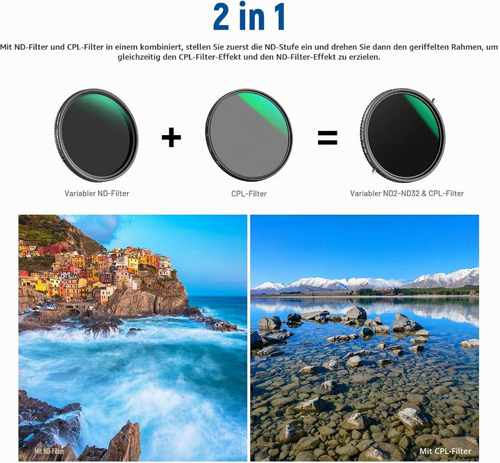 NEEWER 2 in 1 77mm Variable ND Filter ND2-ND32&amp;CPL (Zirkular Polfilter) No X Cross Variabel Graufilt