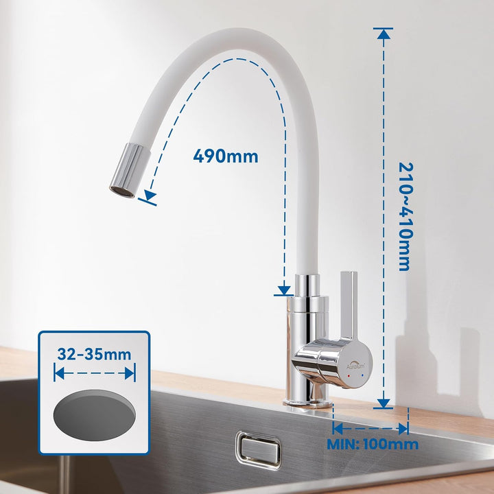 Auralum Flexibler Wasserhahn Küche, Küchenarmatur Weiss mit Flexibler Auslauf, Hochdruck Spültischar