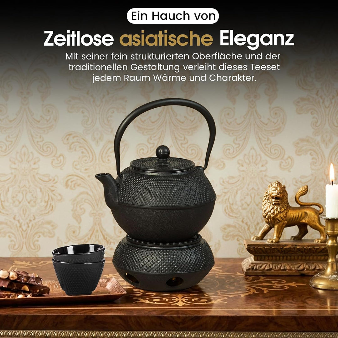 Dimono Traditionelles Tee-Set aus Gusseisen: Teekanne, Stövchen und 2 Teebecher Komplett-Set, Komple