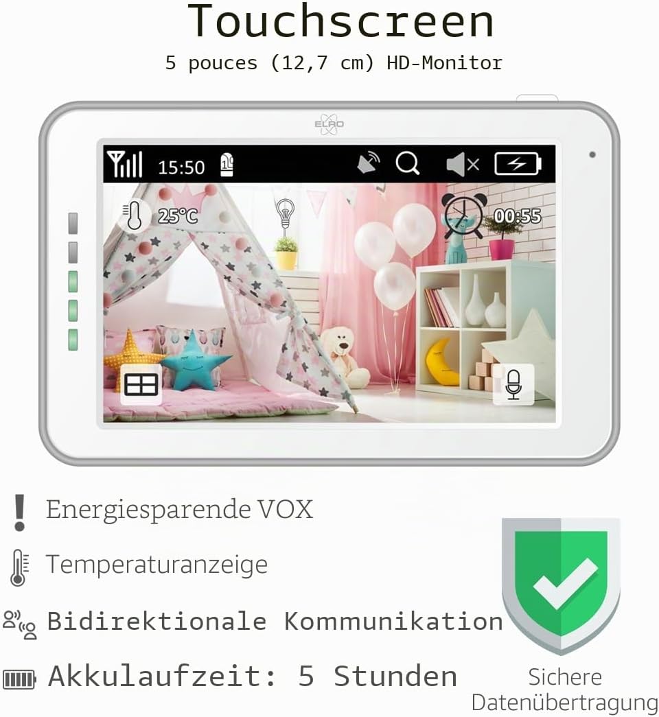 ELRO BC3000-2 Babyphone Royale-Babyfon-mit 12,7 cm Touchscreen Monitor HD-und App-Mit extra Kamera,