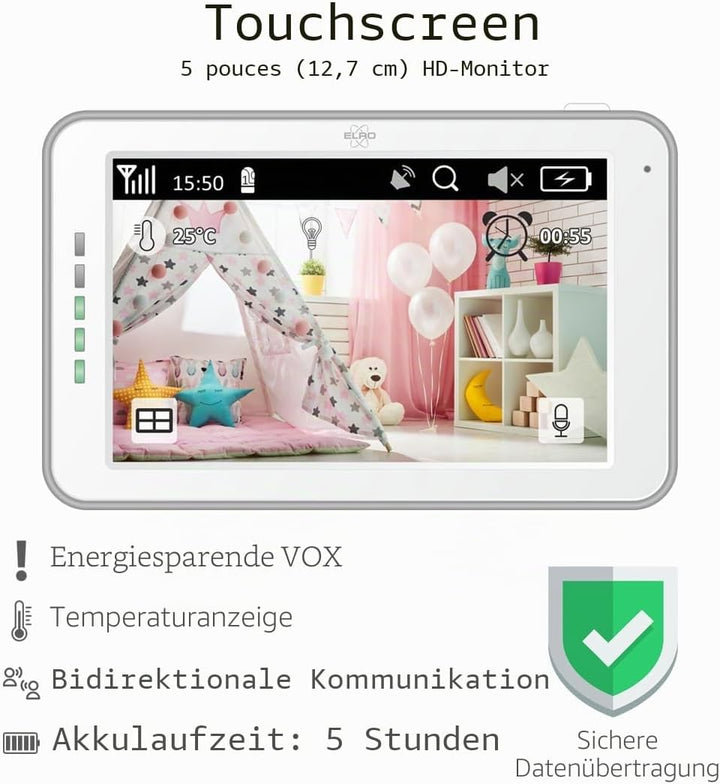 ELRO BC3000-2 Babyphone Royale-Babyfon-mit 12,7 cm Touchscreen Monitor HD-und App-Mit extra Kamera,