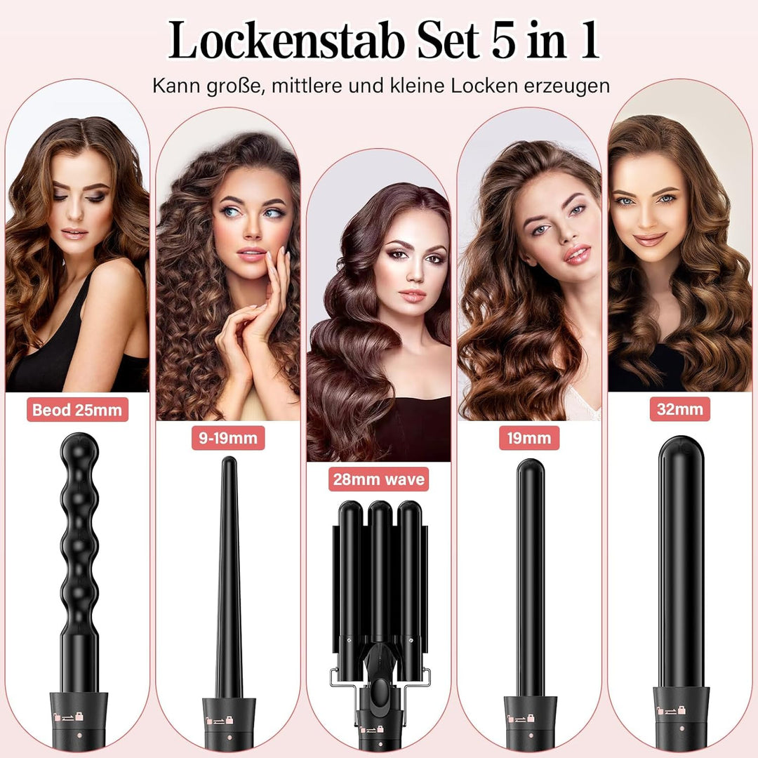 5 in 1 Lockenstab Set mit 5 Aufsätzen, Welleneisen für grosse, mittlere & kleine Locken, Einstellbar