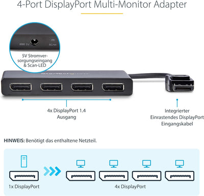 StarTech.com 4-Port Multi-Monitor DisplayPort Adapter, DP auf 4x DisplayPort 1.2 Splitter, Vierfach