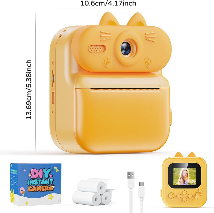 Kinder Sofortbildkamera mit Sofortdruck, 48MP Kamera (Katze-Orange) | Kinderkamera mit Druckpapier,