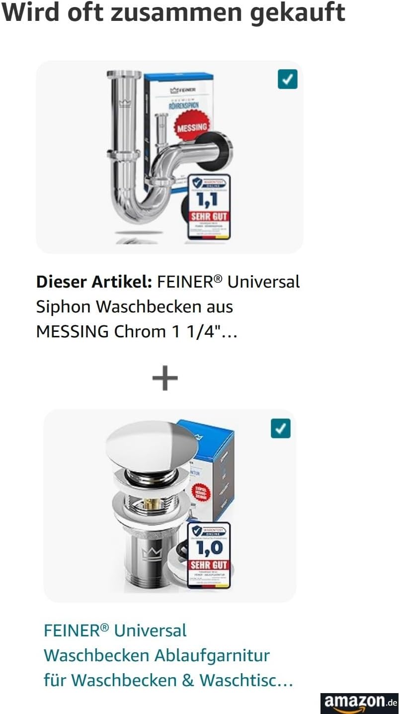 FEINER® Universal Siphon Waschbecken aus Chrom 1 1/4" Komplettset alles dabei, Tauchrohr 2-12 cm Höh