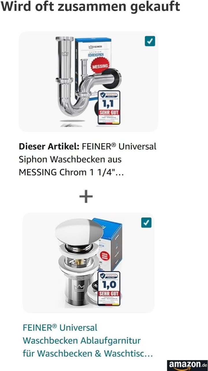 FEINER® Universal Siphon Waschbecken aus Chrom 1 1/4" Komplettset alles dabei, Tauchrohr 2-12 cm Höh