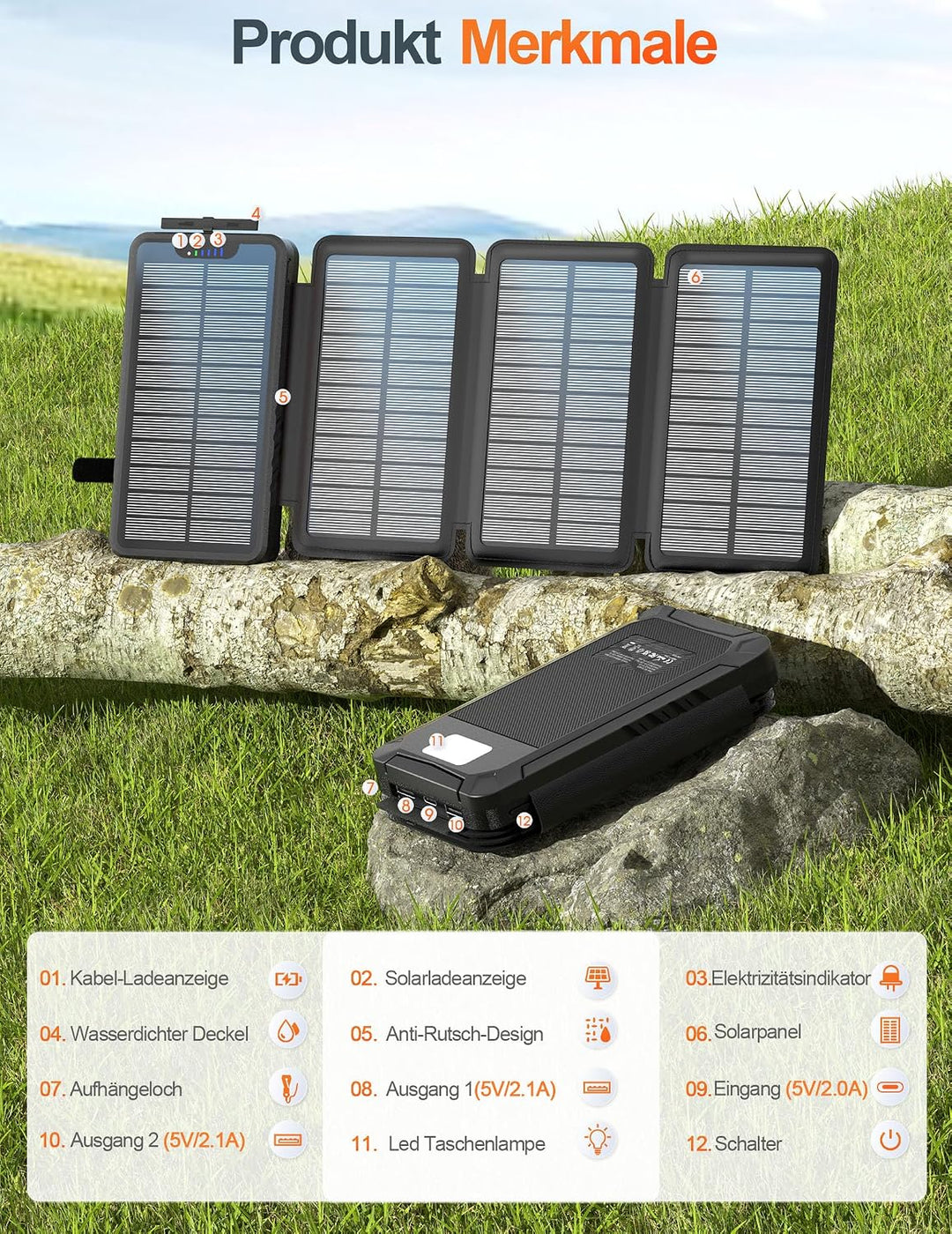 Solar PowerBank 26800mAh, Solar Ladegerät mit 4 Solarpanels, Taschenlampe, Zwei 5V 2.1A USB-Ports Ex