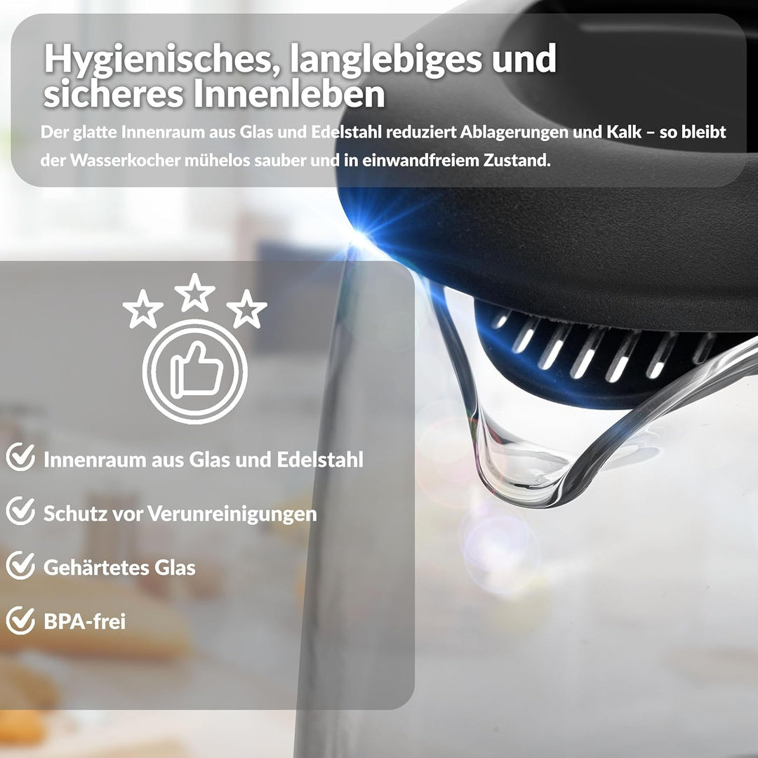 Lehmann LHOEK-2220C Glas-Wasserkocher für die Küche 2L, 2200W elektrischer Wasserkocher aus Glas, Wa