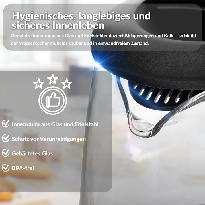 Lehmann LHOEK-2220C Glas-Wasserkocher für die Küche 2L, 2200W elektrischer Wasserkocher aus Glas, Wa