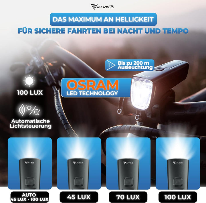 MIVELO SMART Fahrradlicht Set 100LUX, 2000mAh Power-Akku, Auto-Sensor, StVZO zugelassen, USB aufladb