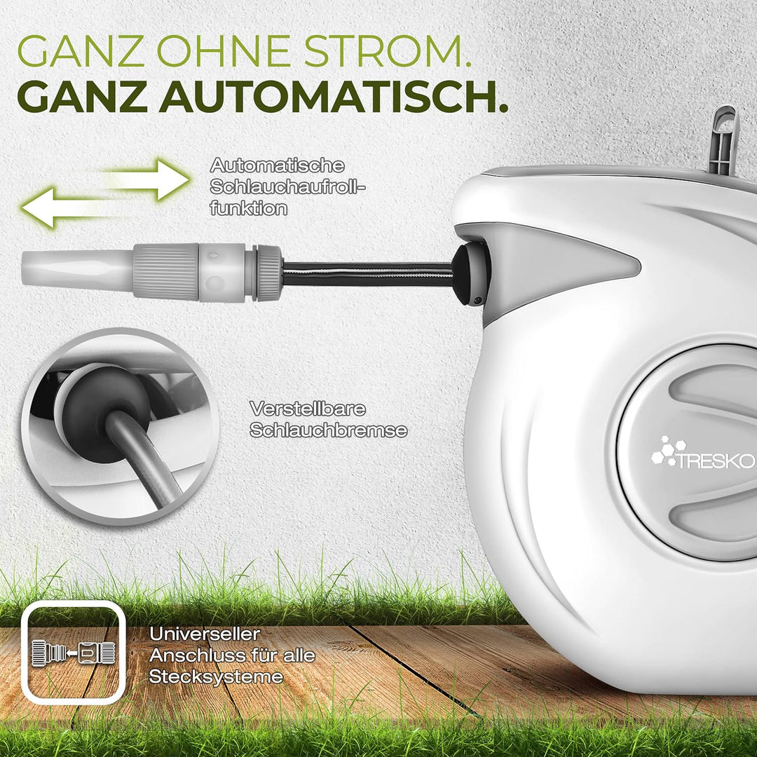 TRESKO® Polypropylen (PP) Schlauchtrommel 30+2m Schlauchaufroller Wasser | mit Handbrause | 180° Sch