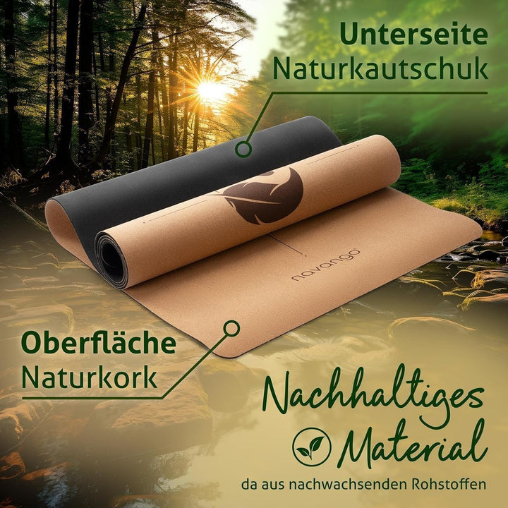 Yoga Matte Kork | Inklusive Yogagurt | 4mm Dicke | Natürliche Dünne Yogamatte aus Naturkautschuk und