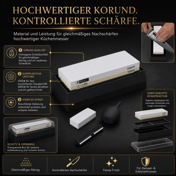 Wakoli Messer Schleifstein 1000er und 6000er Körnung (beidseitig) I Messerschärfer Set - Wetzstein z