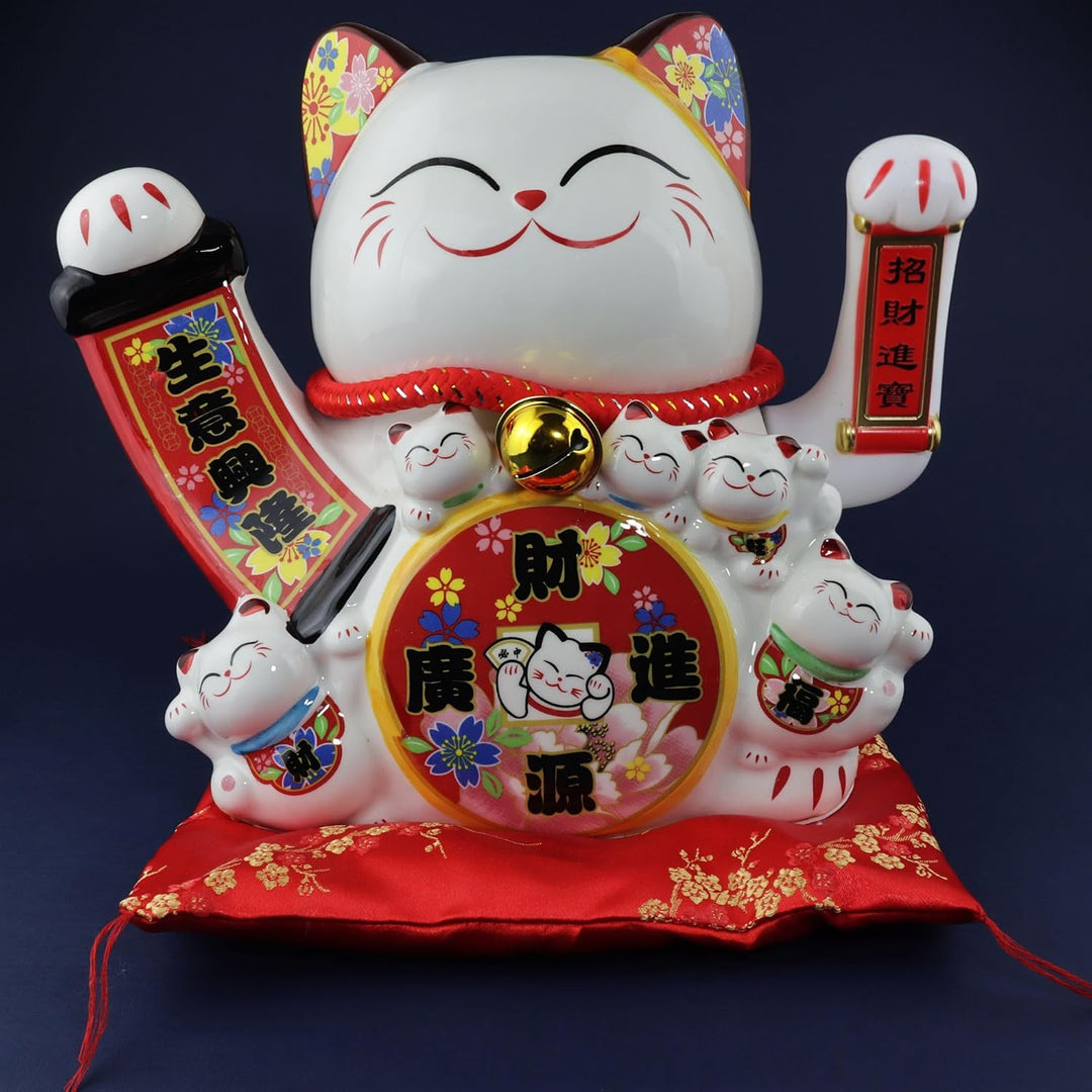 Freak Scene Glückskatze Maneki-Neko Winkekatze aus Porzellan 26cm weiss winkende Katze