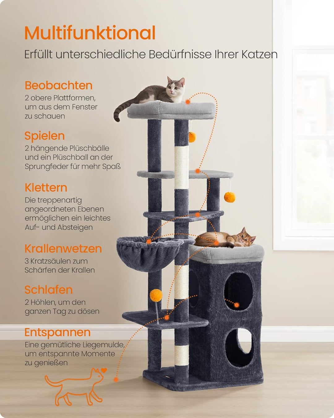 Feandrea Kratzbaum, 152 cm hoch, mehrstöckiger Katzenbaum mit 2 grossen Höhlen, 1 Liegemulde, 3 Krat