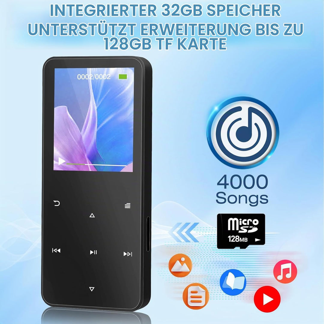 MP3 Player 32GB, MP3-MP4-Player mit Bluetooth 5.2, Musik-Player mit Lautsprecher, FM-Radio, Video, S