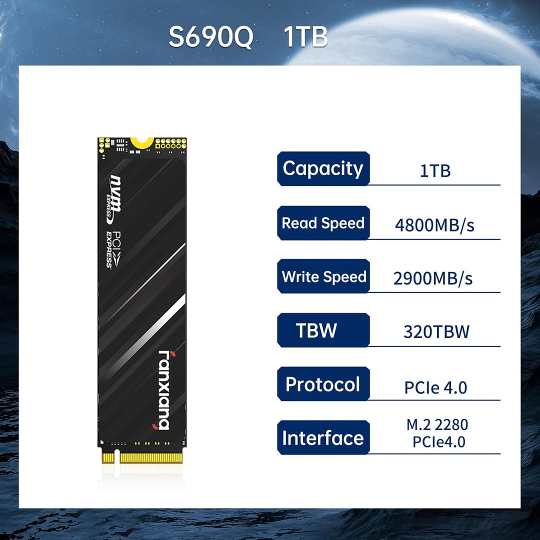 fanxiang NVMe SSD 1TB, M.2 PCIe Gen4x4 Gaming Solid State Drive, 4750 MB/s Lesen, 2850 MB/s Schreibe