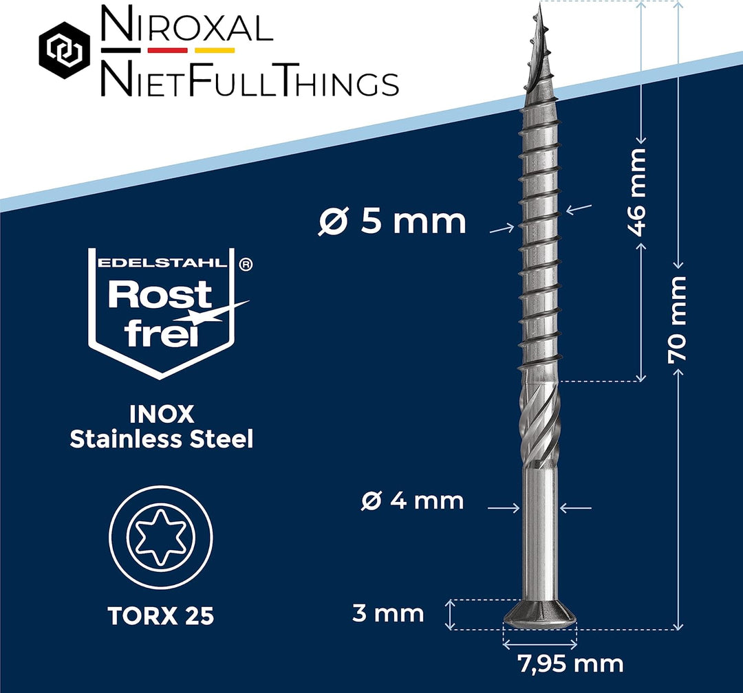 400 Stück Terrassenschrauben 5 x 70 mm lang | PERFEKT für 27 mm Terrassendielen | rostfreier gehärte