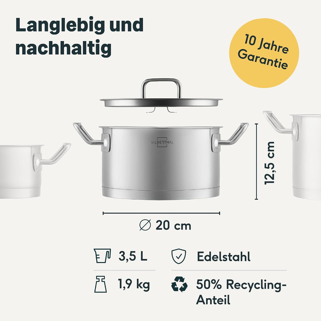 SILBERTHAL Kochtopf Induktion 20 cm - Edelstahl - 3,5L - Topf mit Deckel zum Einhängen - Für alle He