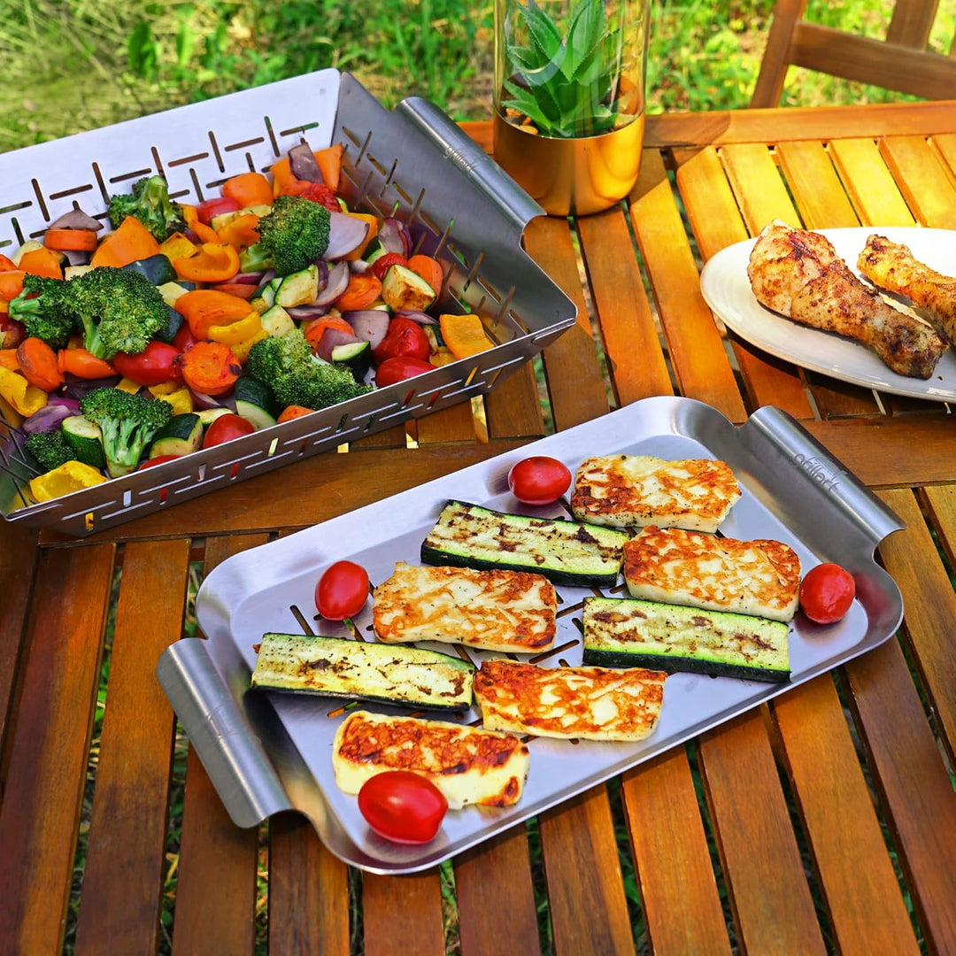 grillart® Premium Grillschale Edelstahl (2er Set), Fisch Grillkorb und Grillschale für Spiesse verwe