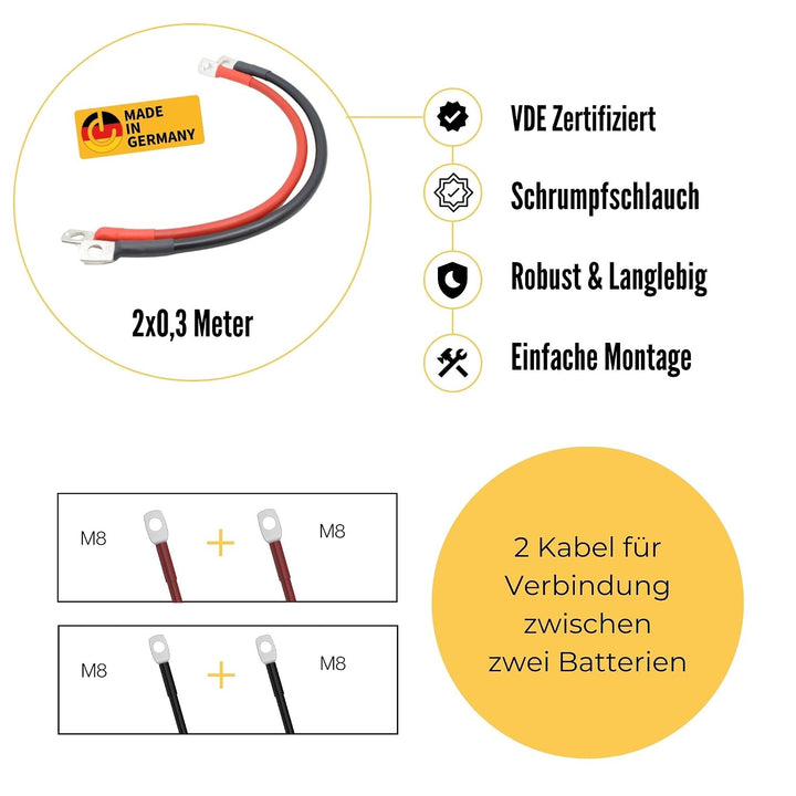 2x0,3m Anschlusskabel für Batterie | Kabelsatz zur Verbingung von zwei Batterien | M8 Batterieanschl