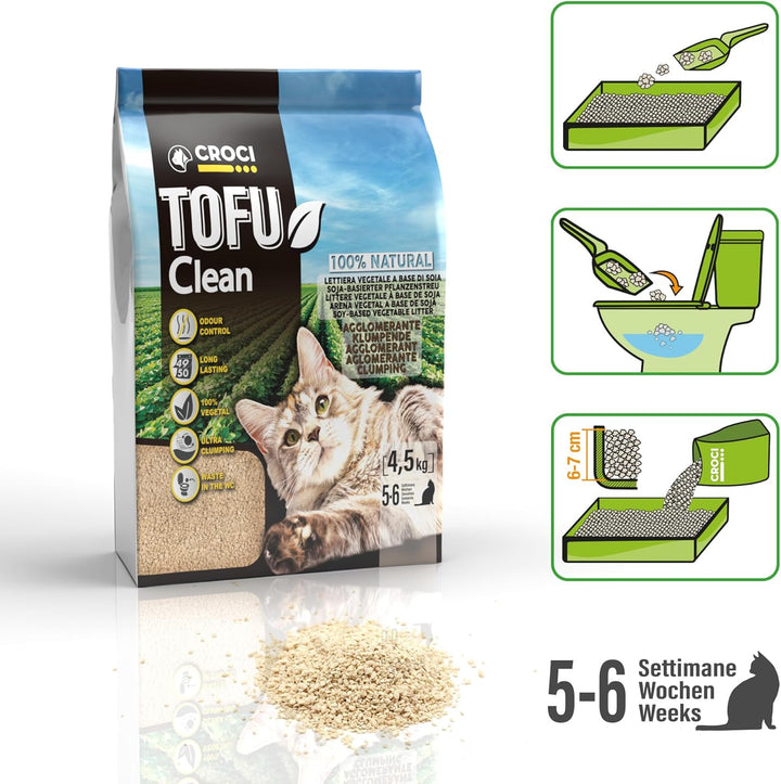 Croci Tofu Clean Litter 10 l – klumpende Katzenstreu, biologisch abbaubar, spült in der Toilette, 10