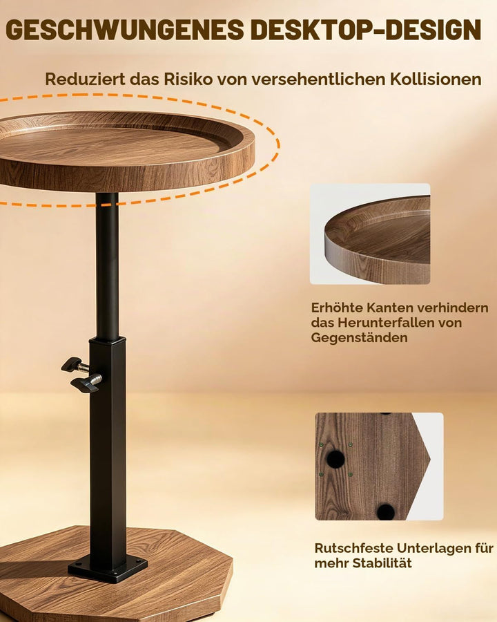 Beistelltisch Rund Holz, 360°Rotierend Höhenverstellbarer Beistelltisch mit Kantenschutz, Rutschfest