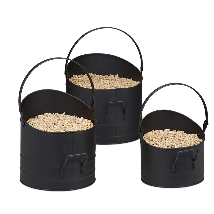 Relaxdays Pelleteimer 3er Set, ∅ je 21, 25 & 30 cm, Griff & klappbarer Henkel, Metall Kohleeimer, Ka