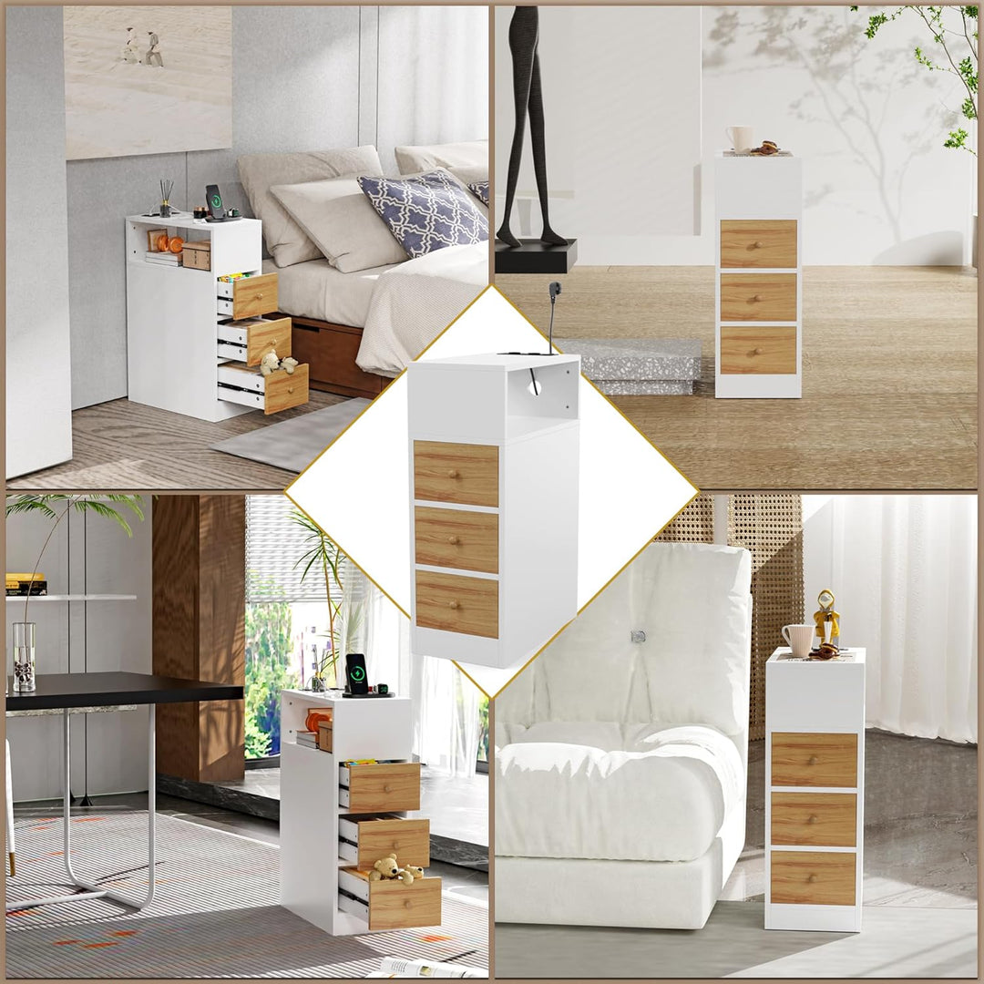 PIPIPOXER Nachttisch schmal, Nachttisch mit Steckdose & USB, Nachtschrank mit 3 Schublade, 1 Offenen