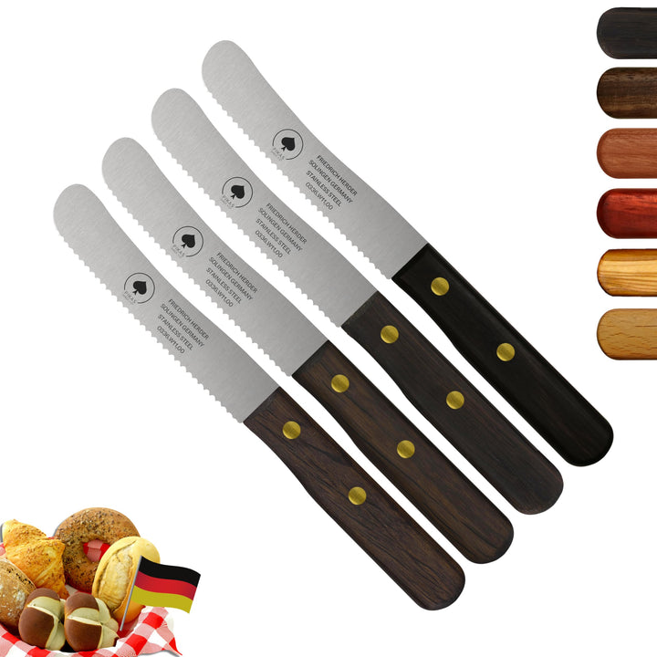 Solingen Messer, 4er Set Räuchereiche Holzgriff, Wellenschliff, Premium Buckelmesser, Klinge rostfre