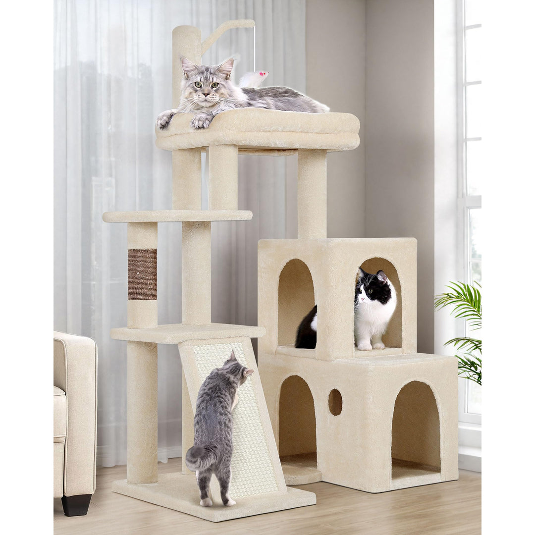 Globlazer Kratzbaum Beige Stabil mit 2 Gross Basis, 2 Katzenhaus 90° Drehbares, Gepolsterte Plattfor