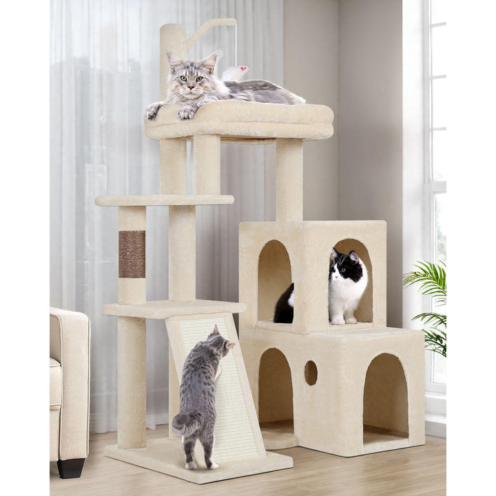 Globlazer Kratzbaum Beige Stabil mit 2 Gross Basis, 2 Katzenhaus 90° Drehbares, Gepolsterte Plattfor