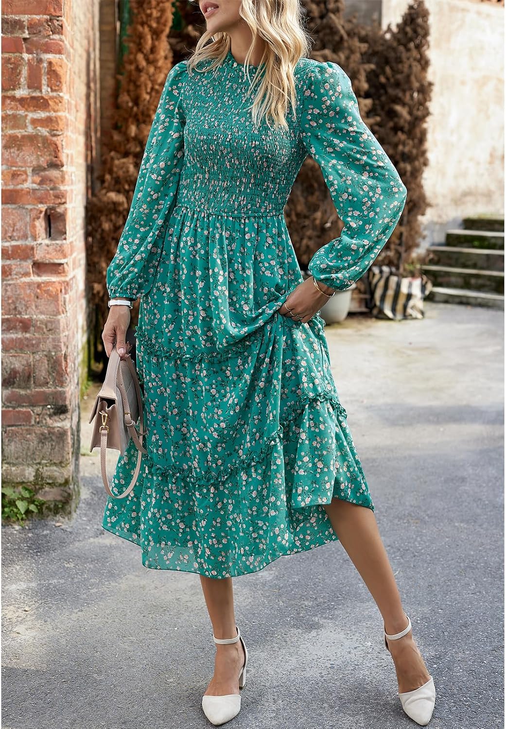 YNIQUE Damen Kleider Lässig Langärmlig Stehkragen Bohemian Blumenmuster Fliessende Maxi Kleider Abge