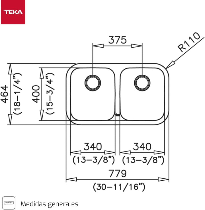 FREGADERO BE 2C 780 Fregadero BE inox 2 cubetas, 200mm, Mueble 90